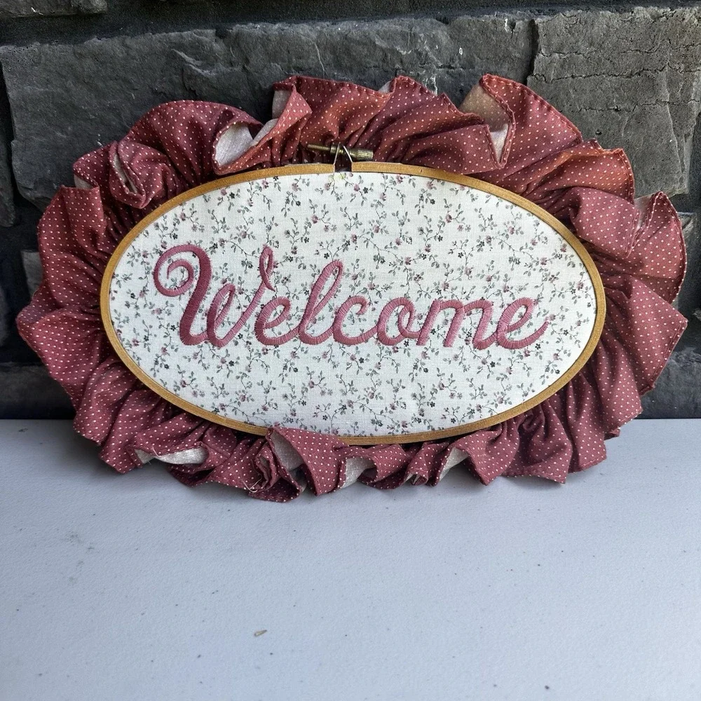 Handmade Oval Floral Pink Polka-Dot Welcome Sign Cottagecore Granny Shabby Chic